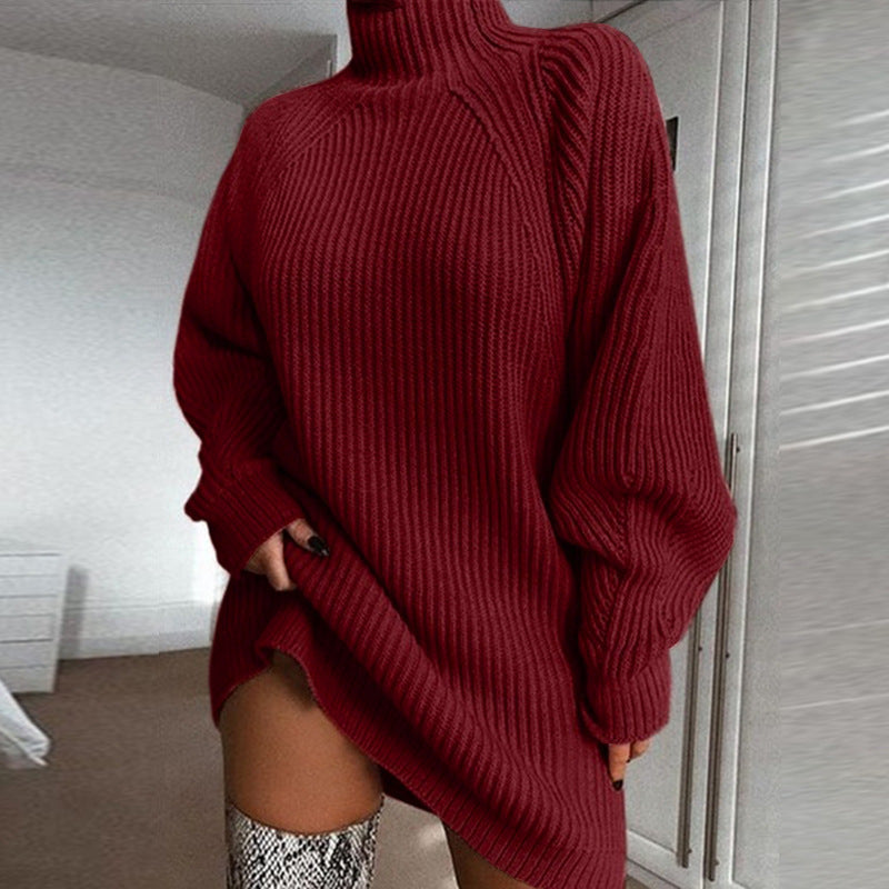 Solid Turtleneck Winter Warm Sweater Dress women