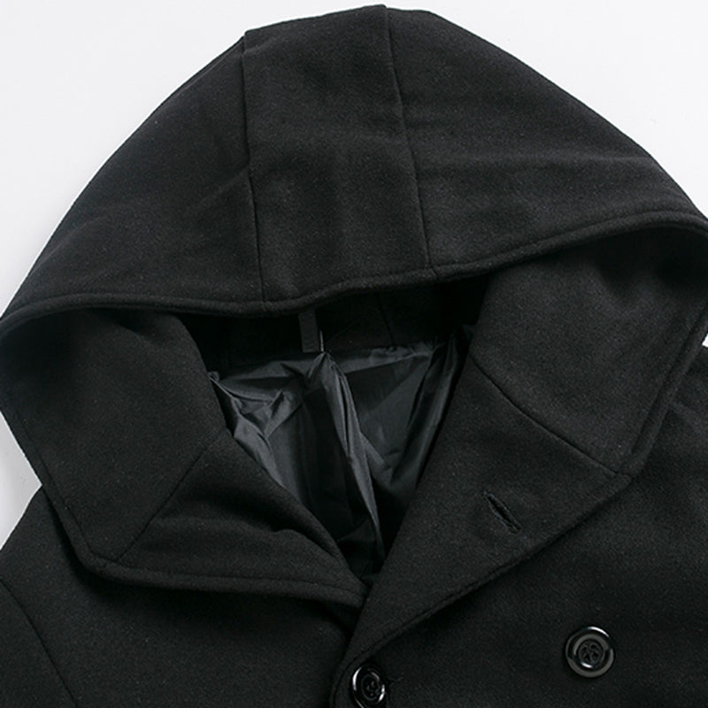 Men's Mid-Length Woolen Padded Hooded Trench Coat