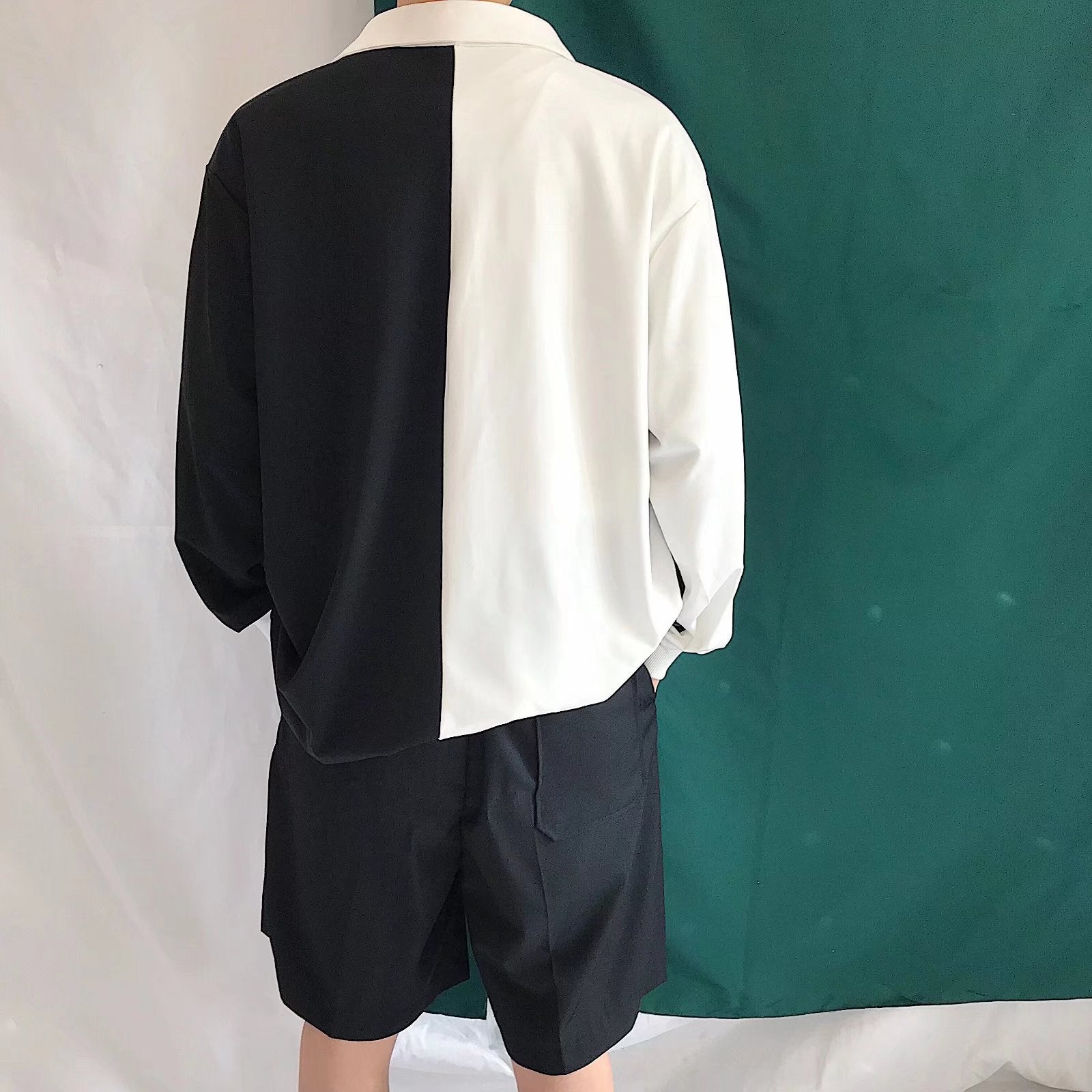 Men's Long Sleeve Trendy Black And White Colorblock Shirt