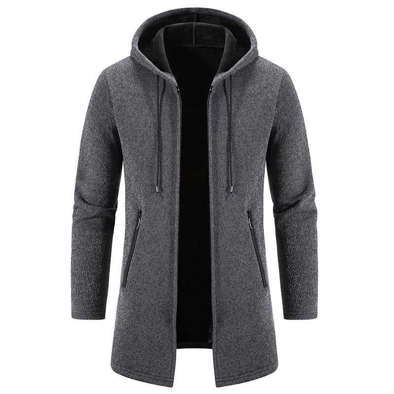 Autumn And Winter Fleece-lined Thickening Solid Color Men's Cardigan Mid-length Hooded Jacket