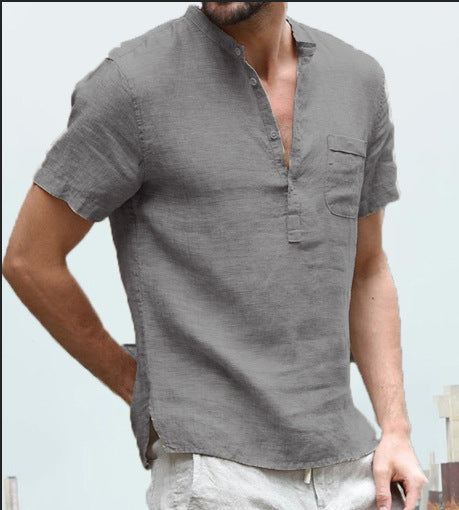 Solid Color Cotton Linen Men's Short Sleeve Shirt