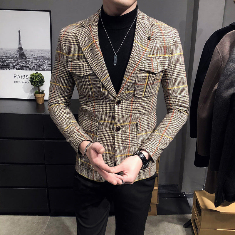 plaid casual men's slim suit jacket