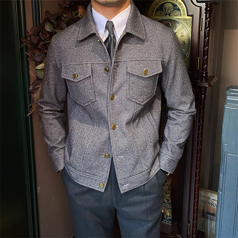 Thick Warm Lapel Houndstooth Casual Jacket