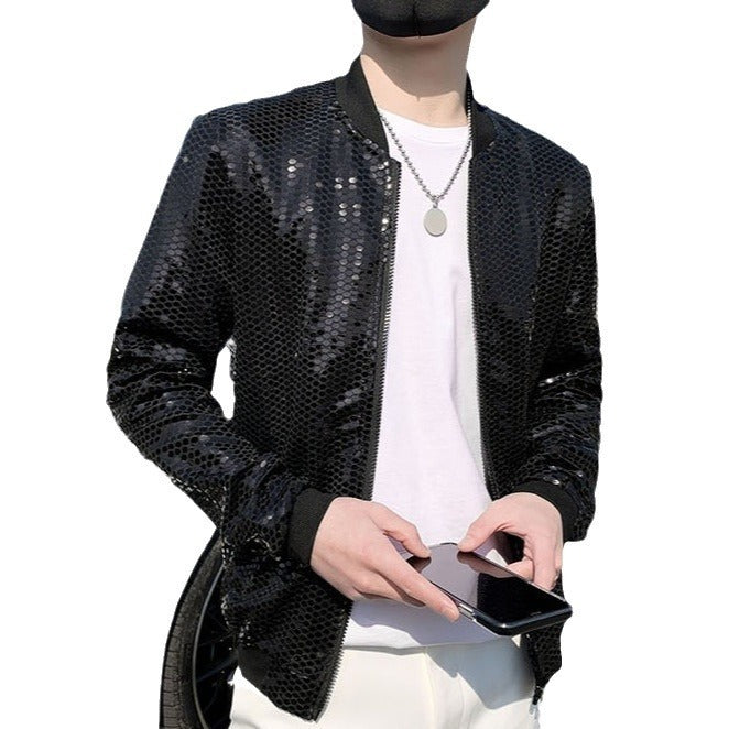 Men's Personality Fashion Nightclub Sequined Stand Collar Coat