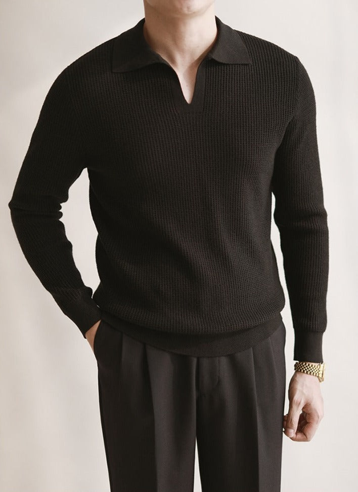 Textured Buttonless Knit Long Sleeve Polo Shirt