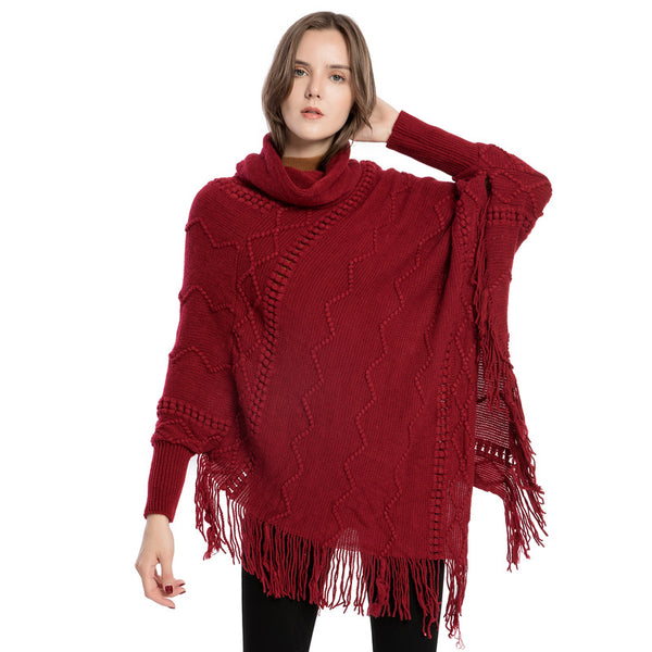Acrylic Fringed Sweater High Collar Warm Sleeve Pullover Cloak