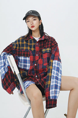 silhouette plaid jacket couple loose tops