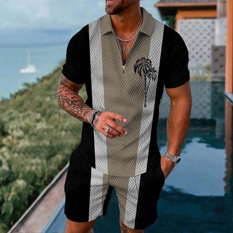 Men's Casual Zipper Short Sleeve summer set