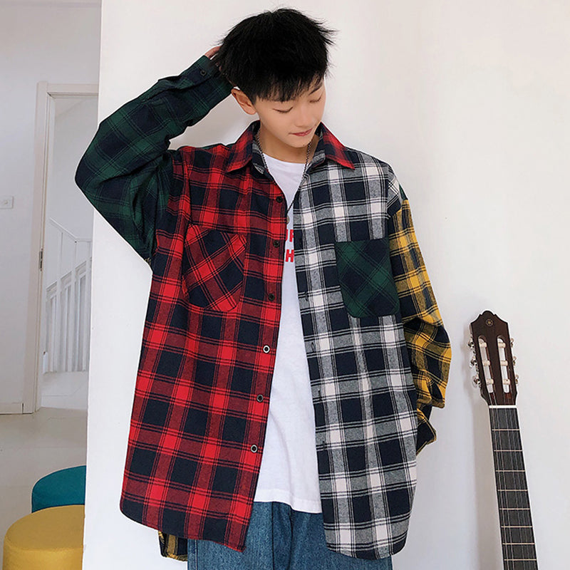 Color-block check long-sleeved shirt