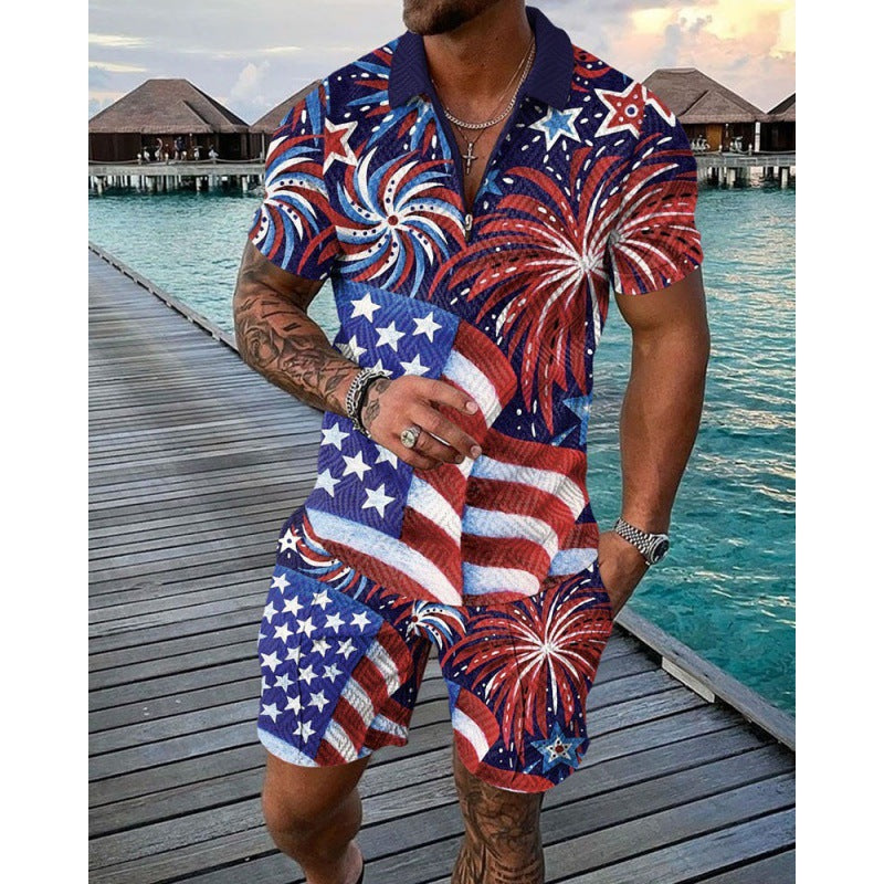 Men's Flag Print Lapel Zipper Two-Piece Suit