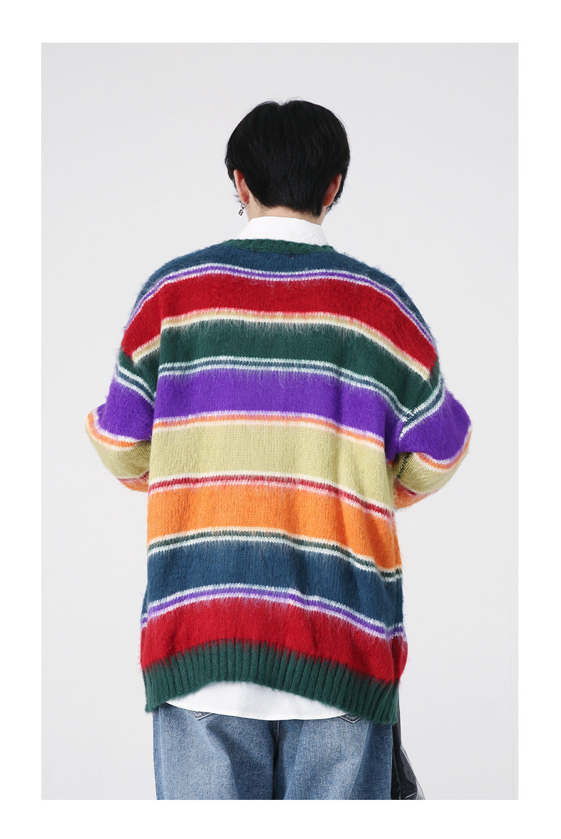 Retro Contrast Color Rainbow Striped Cardigan Knitted Sweater For Men