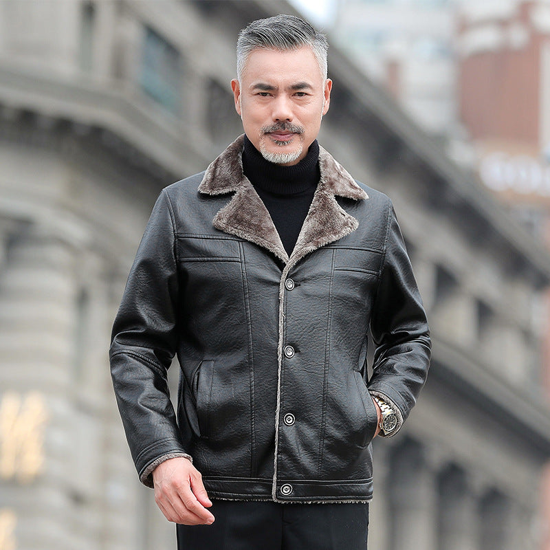 Men's plush thick leather casual cotton jacket