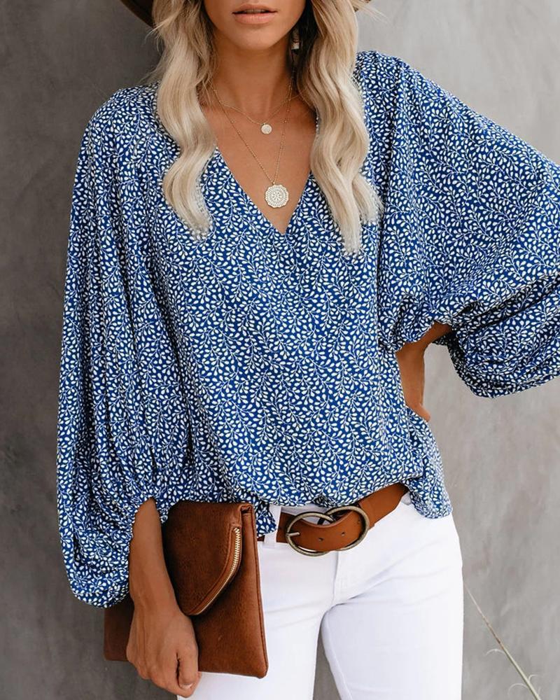 V-Neck Shirt Print Balloon Sleeve Top