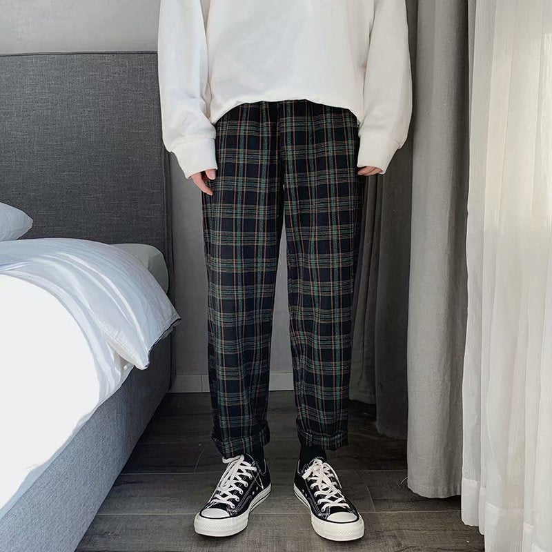 Boys Plaid Casual Pants Korean Style Loose Harem Pants Men