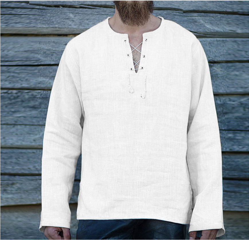 Men's Lace Up Loose V-Neck Long Sleeve Cotton Linen T-shirt