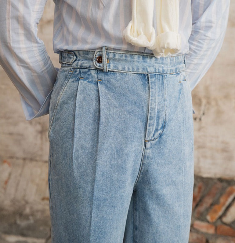 Barcelona Cotton Pleated Straight Fit Denim Trousers