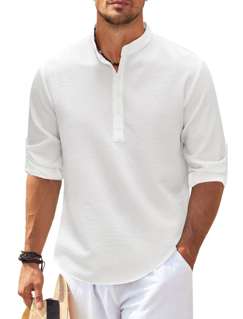 Men's Casual Long Sleeve Stand Collar Solid Color Shirt