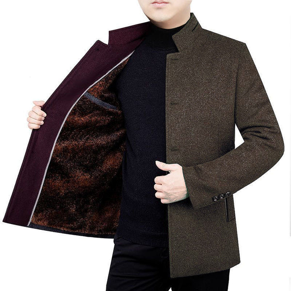Middle-aged Men's Woolen Coat Velvet Stand Collar Fleece Padded jacket
