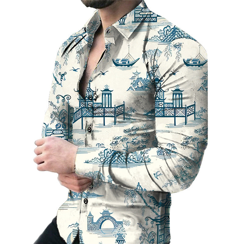 Men's Casual Long Sleeved Floral Shirt