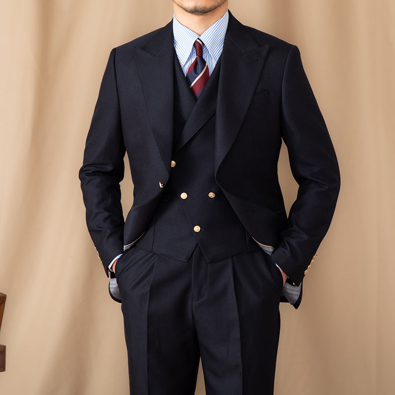 Men's Casual Gentleman Lapel Navy Blue Slim Three-piece Suit