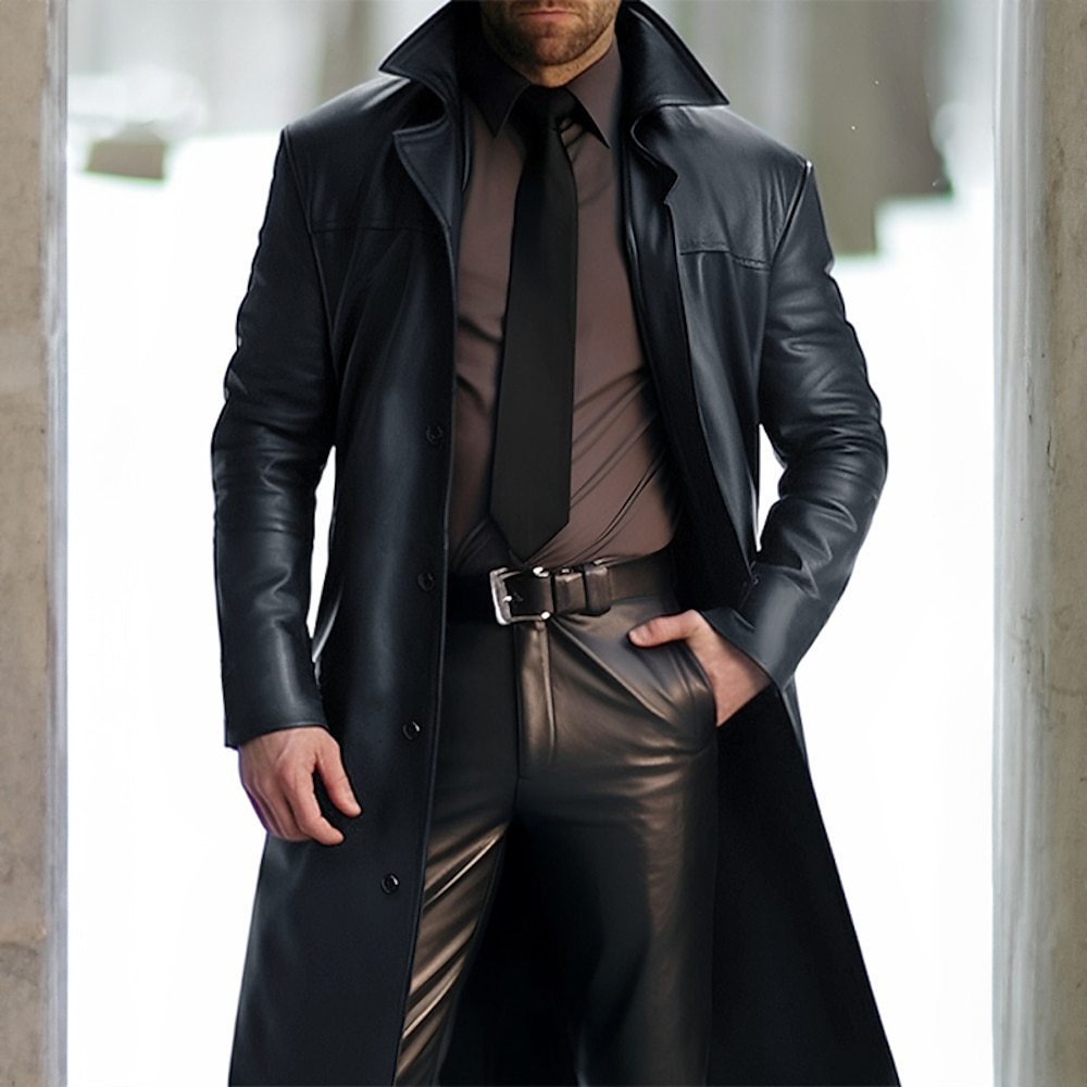 Vintage Leather Men's Mid-length trench Coat