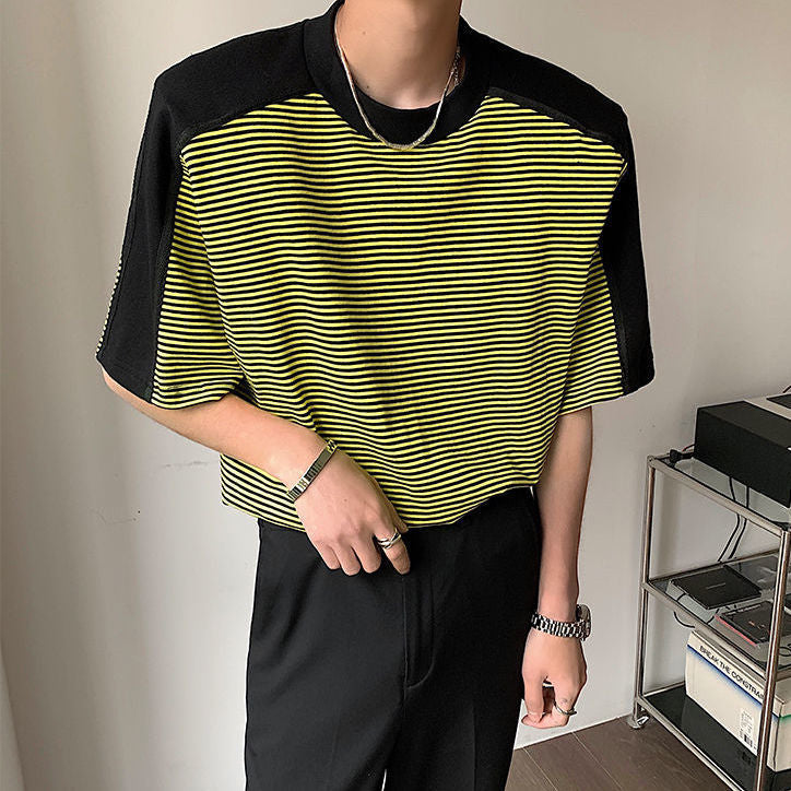 Men's Striped Stitching T-shirt With Shoulder Pads