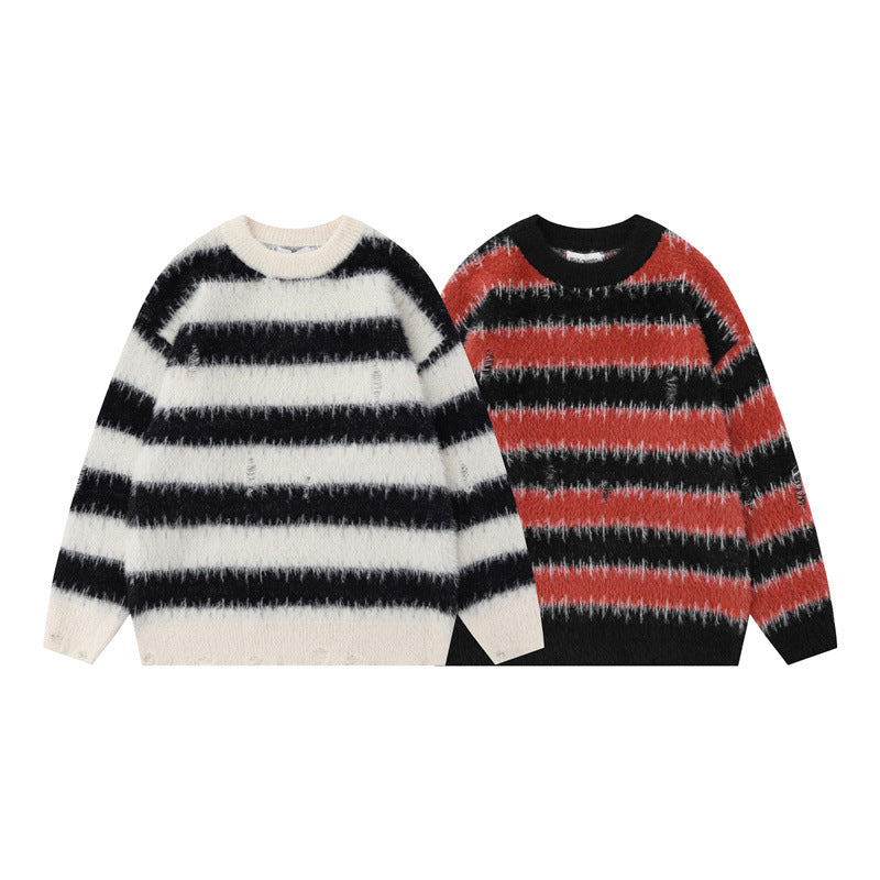 American Contrast Color Striped Loose Sweater