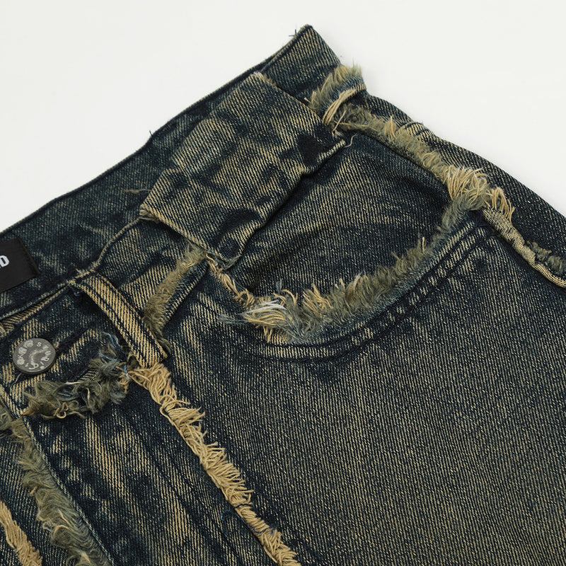 Heavy Craft Frayed Cat Beard Stitching Tassel Jeans For Men
