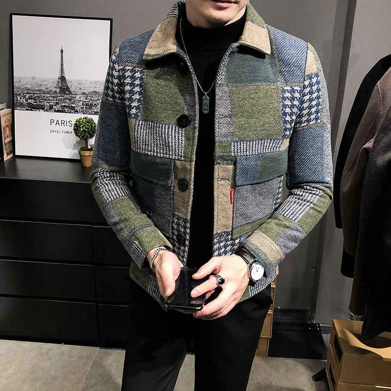 plaid stitching contrast woolen jacket