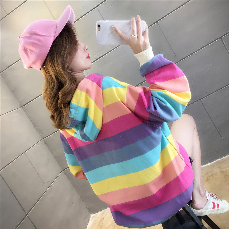 Rainbow Stripes Loose Hooded Sweater