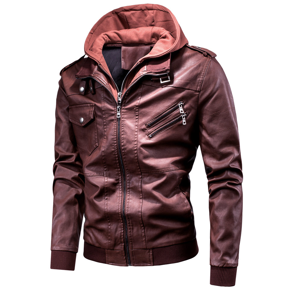 Detachable hooded PU Leather jacket