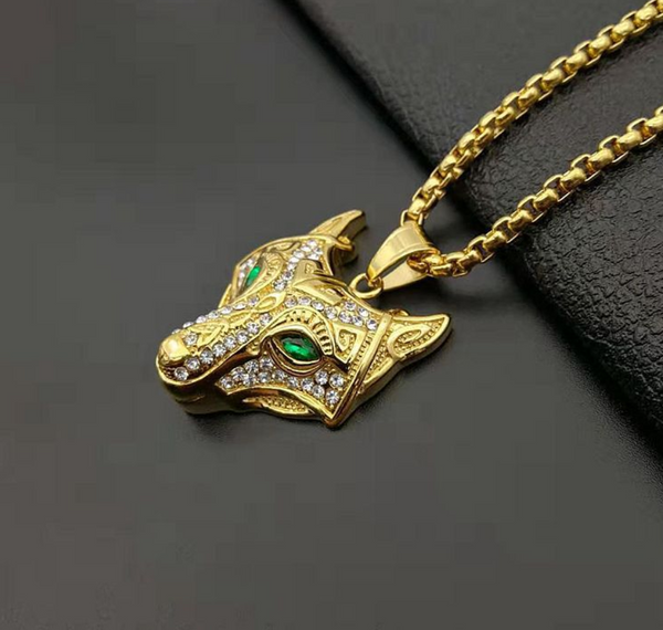 Gold Viking Wolf Head Necklace Pendant With Chain