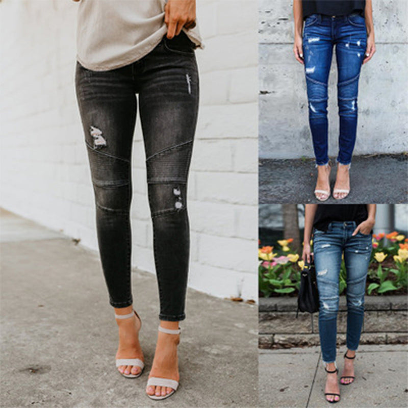 Pleated Hole Stretch Skinny Jeans