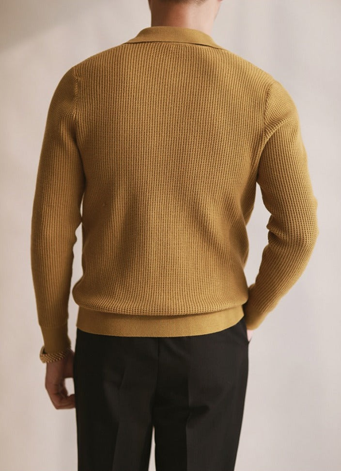 Textured Buttonless Knit Long Sleeve Polo Shirt