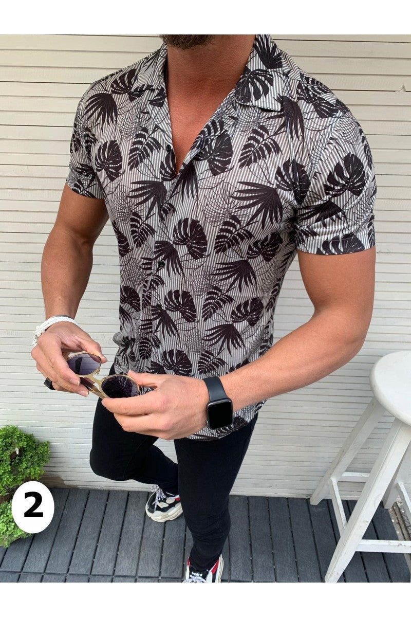 Short sleeve coconut leaf print men's shirt