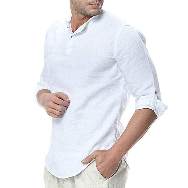 Men's Casual Cotton And Linen Plain Long-sleeved Shirt