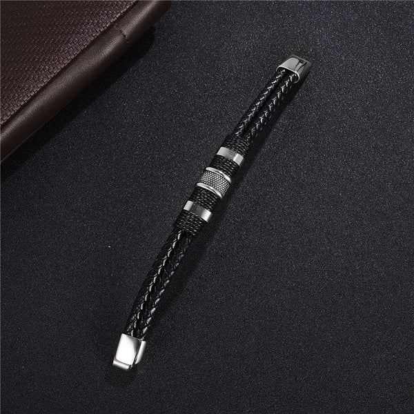 Black Braid Woven Leather Bracelet Titanium Stainless Steel Bracelet