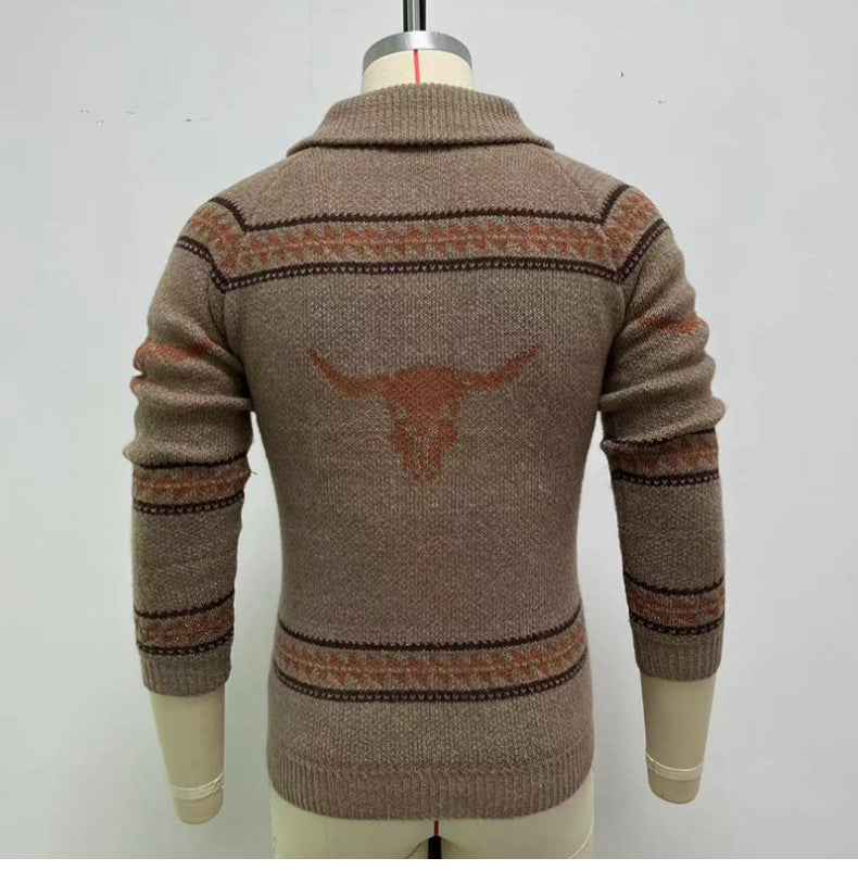 Ox Head Jacquard Weave Zip Knitted Sweater