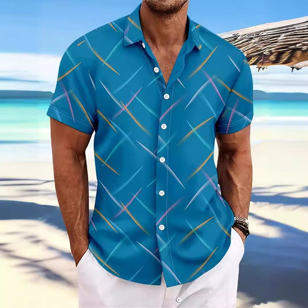 Summer Men's Striped Feather Casual Beach Short Sleeve Button Shirt