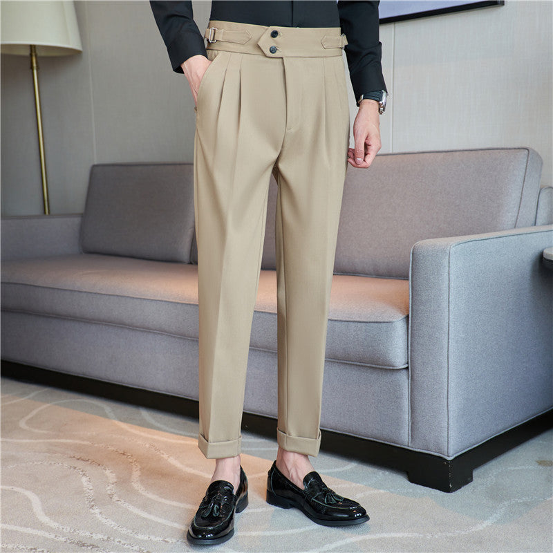 Pantalones casuales largos estilo drapeado de cintura media alta para hombre