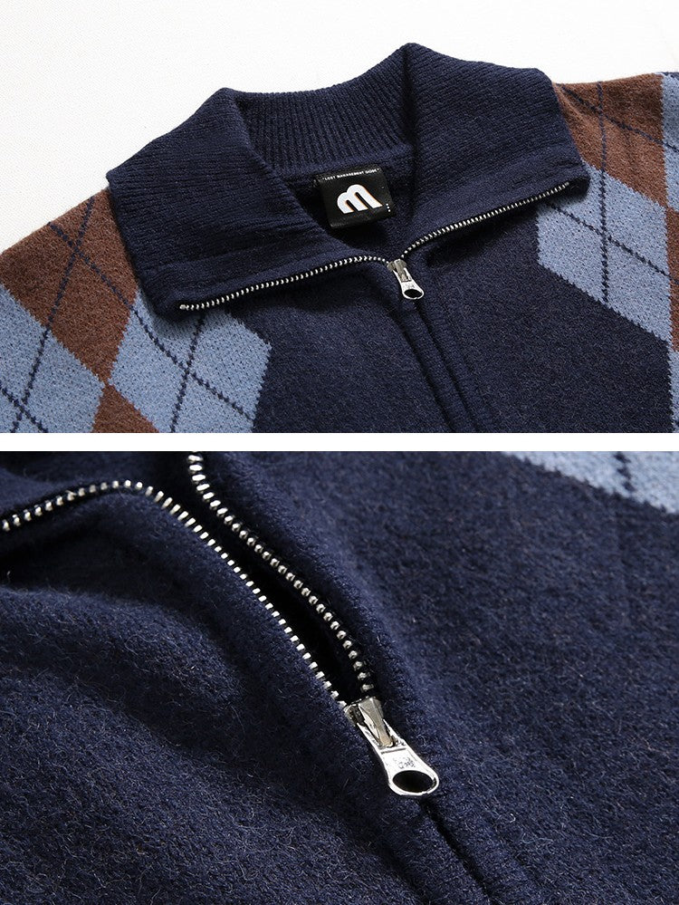 Korean Loose Lazy Zipper Diamond Plaid Sweater Coat