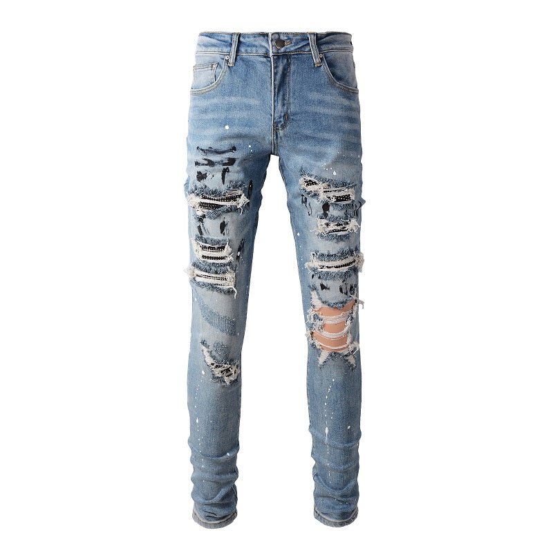 High Street Worn Out Wash Paint Splashing Perforated Jeans