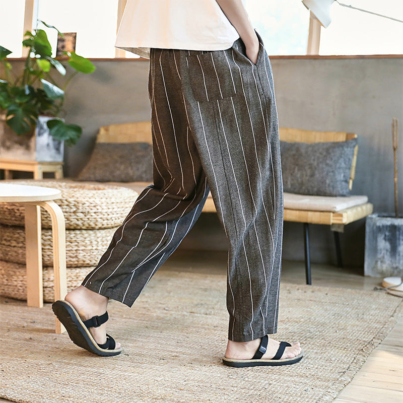 Linen casual loose pants vertical stripes straight trousers male