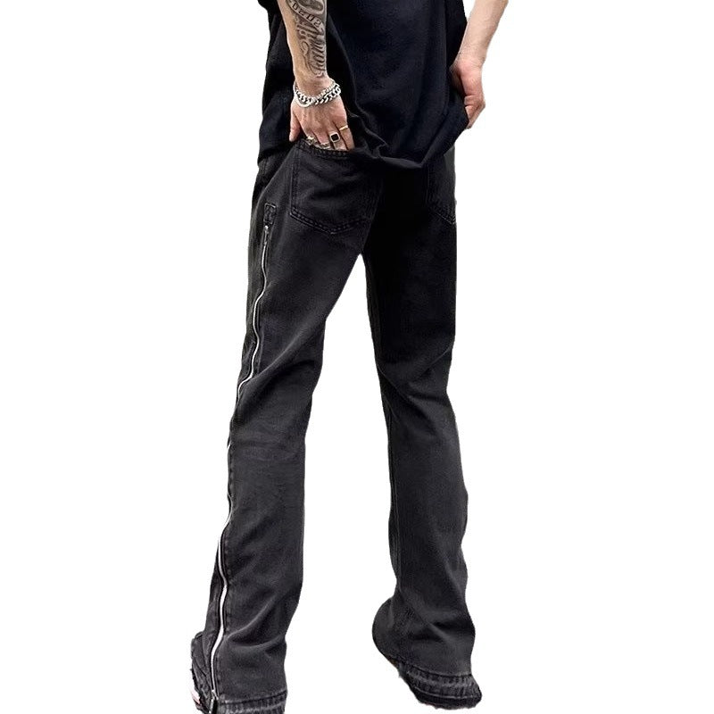 Zipper Black Straight Slightly Flared Casual Trousers For Men