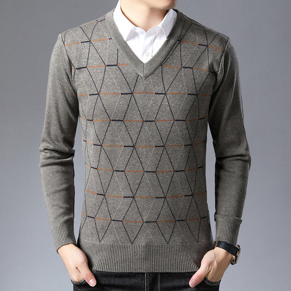 Men's V-neck Jacquard Long Sleeve Pullover Base Thick Sweater