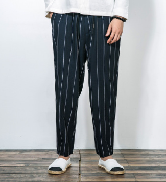 Linen casual loose pants vertical stripes straight trousers male