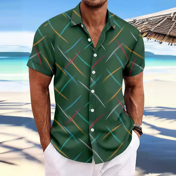 Summer Men's Striped Feather Casual Beach Short Sleeve Button Shirt