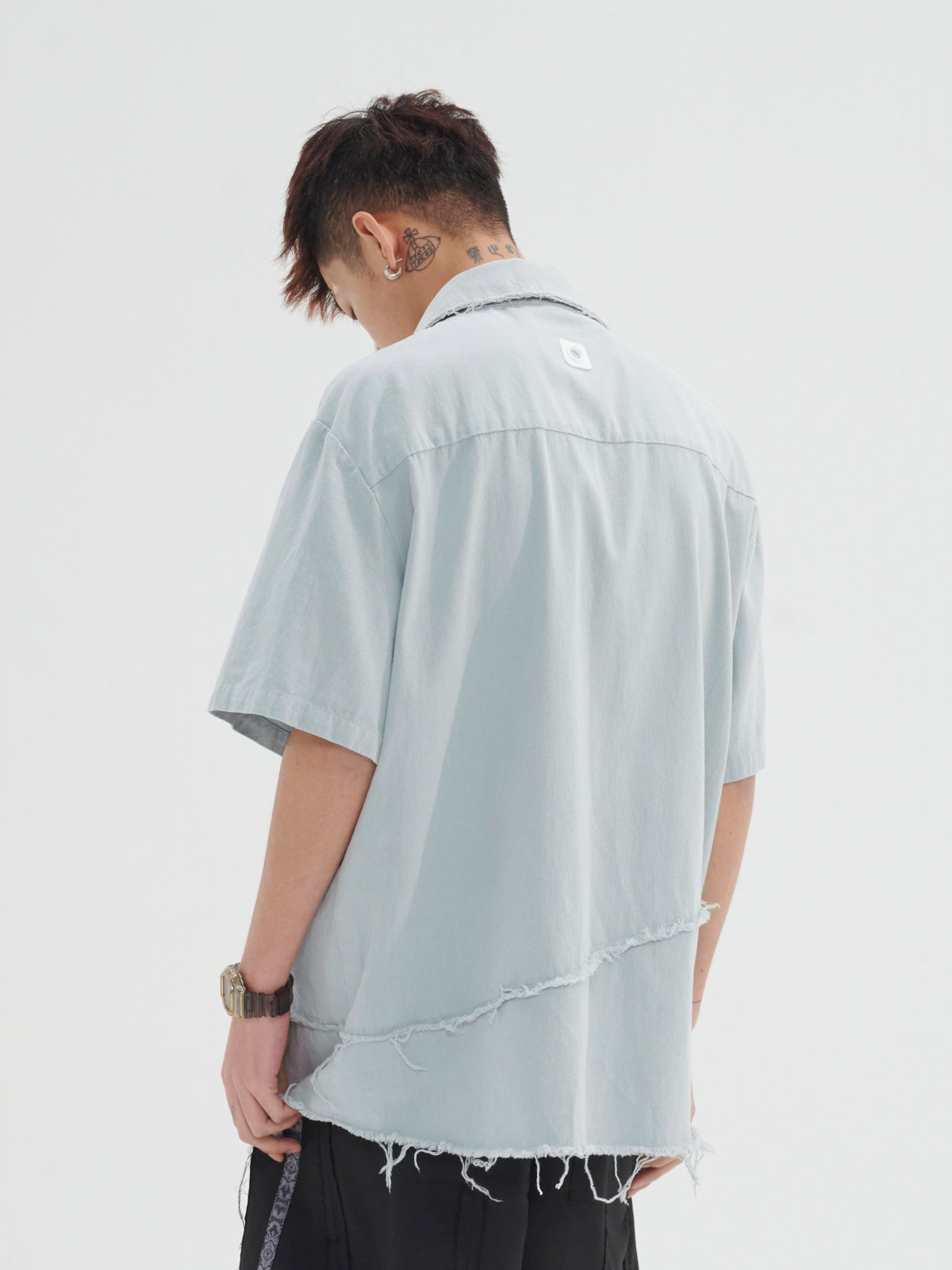 Washed Denim Frayed Short Sleeve Shirt