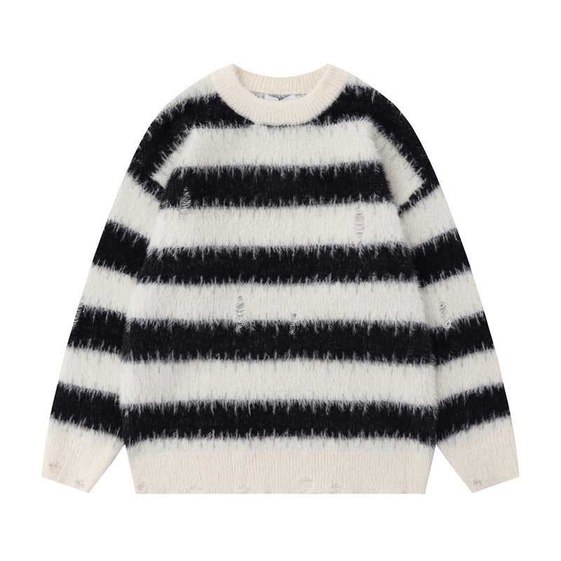 American Contrast Color Striped Loose Sweater