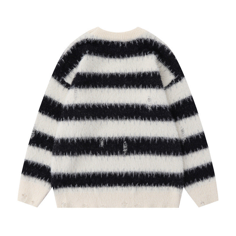 American Contrast Color Striped Loose Sweater